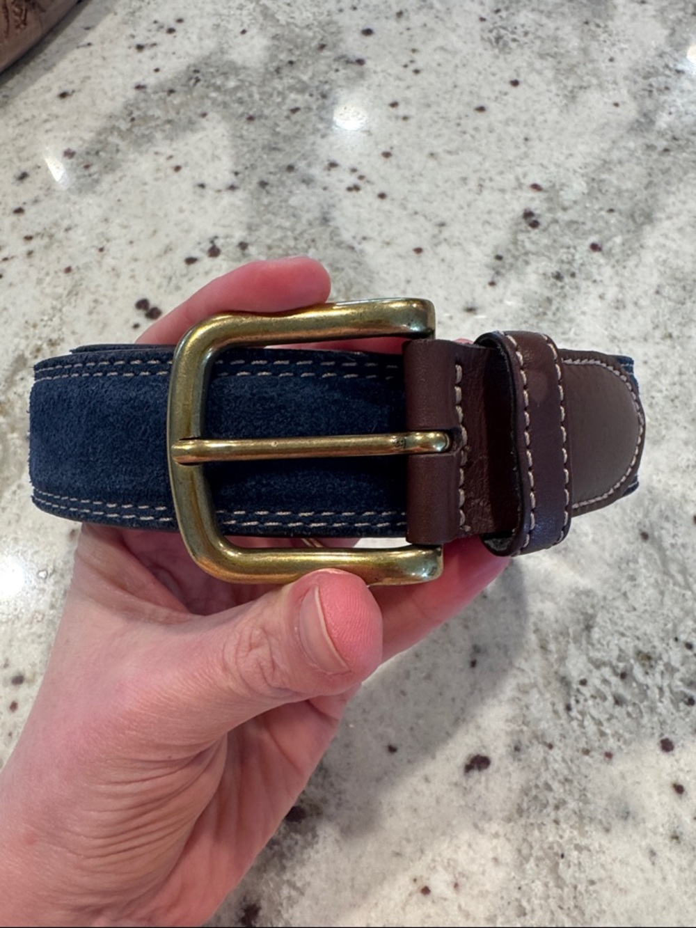 Massimo Dutti Leather Belt Blue Suede Brown Trim Brass Buckle Made in Spain
